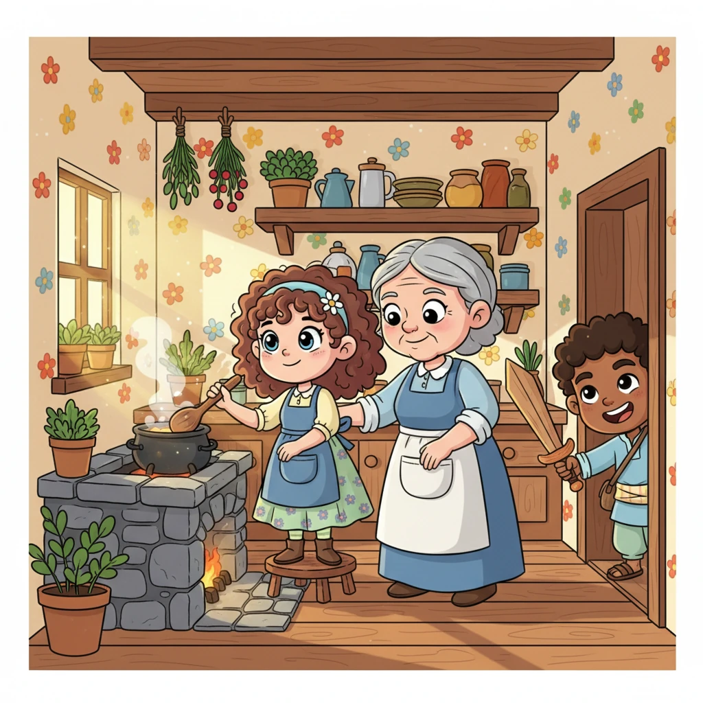 Leia, a sweet girl with big, sparkling eyes, helps her kind grandmother stir a bubbling pot in their vibrant, flower-filled cottage kitchen. Her mischievous brother, Meeran, with a playful grin, peeks in from the doorway, holding a wooden toy sword. Sunlight streams through a window, illuminating the happy, bustling scene.