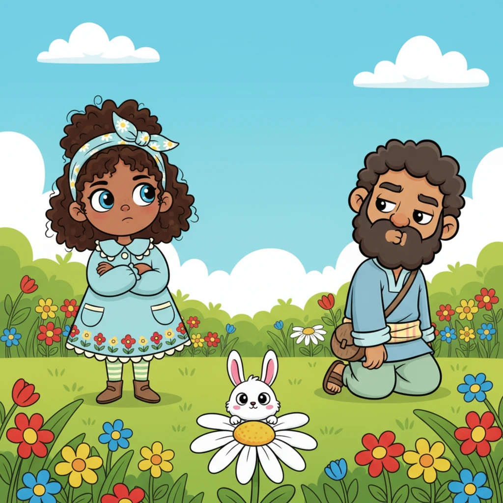 Leia, looking a little cross but still adorable, stands with her arms crossed in a lush green meadow dotted with bright wildflowers. Meeran, with an exaggerated pout, is on his knees, pretending to ignore her. A tiny, fluffy bunny watches their childish disagreement from behind a plump daisy.