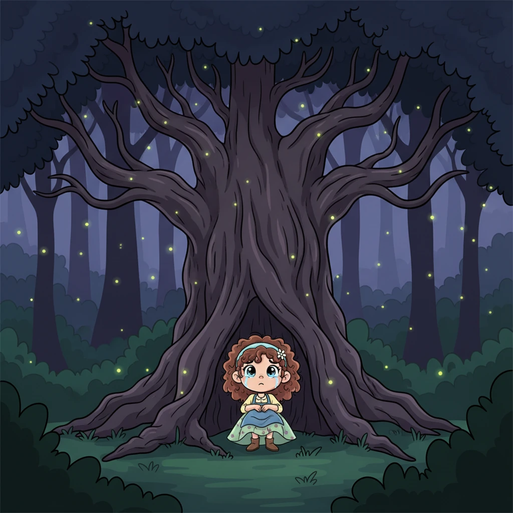 Leia, her large eyes filled with tears, huddles beneath a giant, gnarled tree with twisty branches that look like reaching arms. The forest around her is a mix of deep greens and purples, with glowing fireflies adding a touch of eerie light. Her small frame looks even smaller against the vast, mysterious woods.