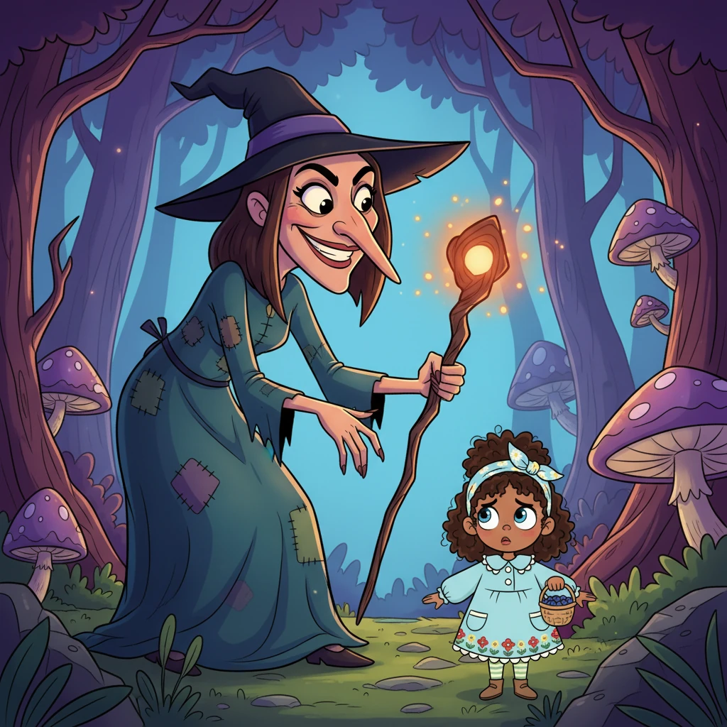 A tall, crooked witch named Anastasia, with a dramatically long, pointy nose and a strange, glowing staff, looms over a tiny, trembling Leia. The witch's face is a grotesque mask of fake sweetness, while Leia's expression is a mix of fear and naive curiosity, captured in a vibrant, slightly menacing forest setting.