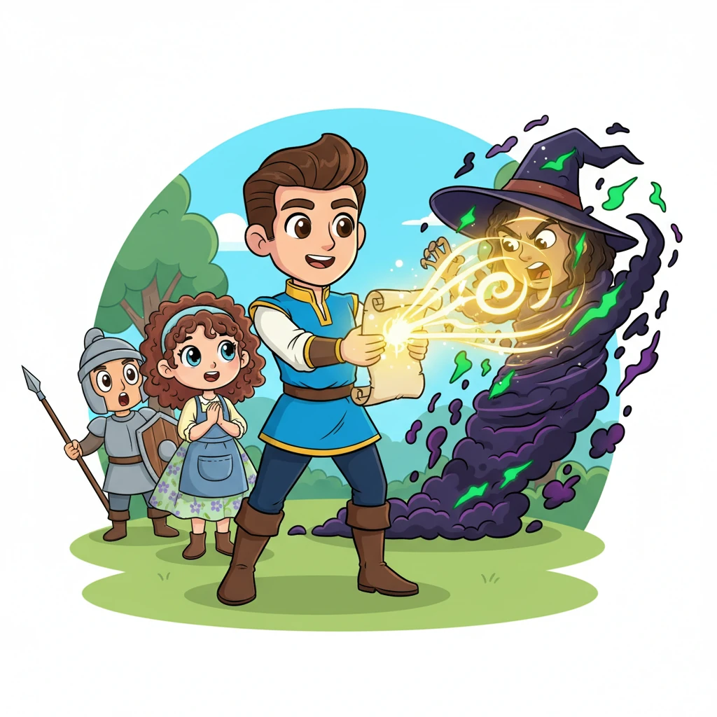 Prince Asid, a dashing figure with a valiant pose and a kind smile, stands protectively in front of Leia. He holds a shimmering scroll, from which magical, golden light emanates, causing the evil witch Anastasia to dissolve into a swirl of dramatic black smoke. His loyal, cartoonish soldiers watch with wide eyes.