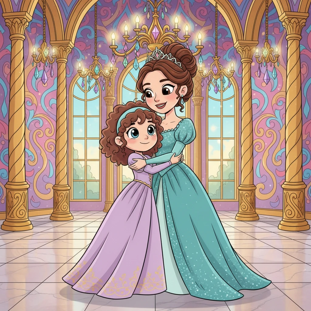 Leia, now dressed in a beautiful, flowing gown, is gently embraced by the elegant Princess Melissa, whose face radiates warmth and motherly affection. They are inside a grand, sparkling palace room, with ornate, exaggerated decorations and a sense of peaceful luxury, hinting at the new life Leia has found.