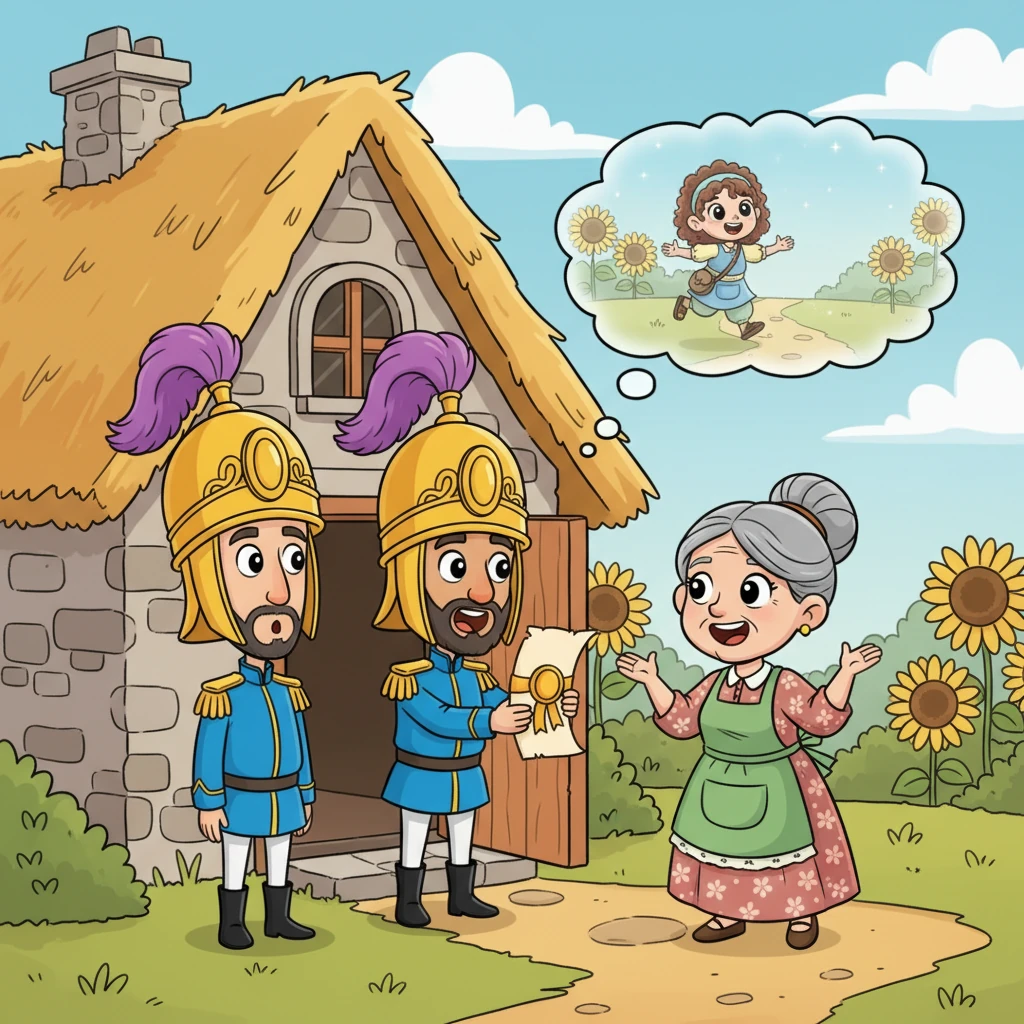 Two brightly uniformed royal guards, with comical, exaggerated helmets, present a fancy, gold-sealed invitation to Grandfather Mahrous at his humble cottage door. Grandfather Mahrous looks surprised but hopeful, while Grandmother, with a cheerful, optimistic expression, gestures excitedly, imagining Leia's return.
