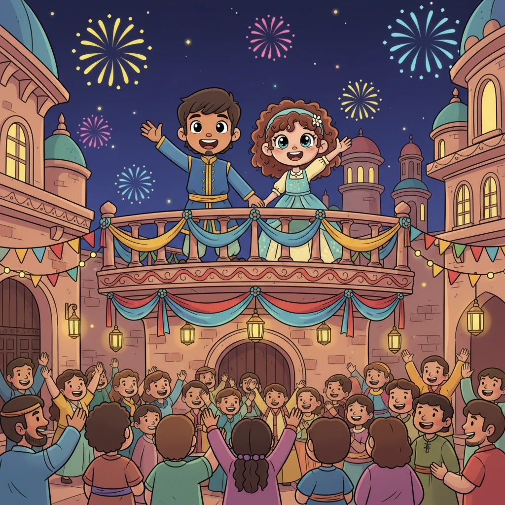 The palace courtyard is a dazzling spectacle of lights, colorful banners, and smiling villagers. Prince Asid and Princess Melissa, both beaming, stand on a decorated balcony, waving to the festive crowd. The atmosphere is bursting with joy and anticipation, with playful fireworks adding sparkle to the night sky.