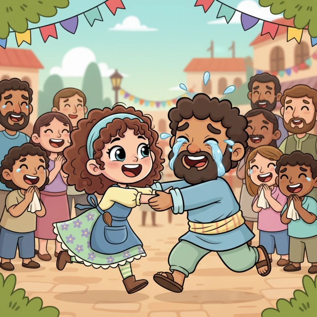 Meeran, his face a cascade of happy tears, rushes forward with outstretched arms towards Leia, who is also running to him, her face alight with pure joy. They embrace in a dramatic, heartfelt hug in the middle of the grand celebration, surrounded by onlookers wiping away their own happy tears.