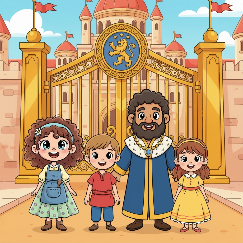 Grandfather Mahrous, now revealed to be a dignified royal, stands proudly with Prince Asid, Princess Melissa, Leia, and Meeran in front of the grand palace gates, which prominently display the ancient family crest. Grandfather Mahrous wears his special necklace, signifying their reunited royal lineage, as the whole family smiles, radiating love and happiness. Meeran, true to his word, stands protectively beside Leia.