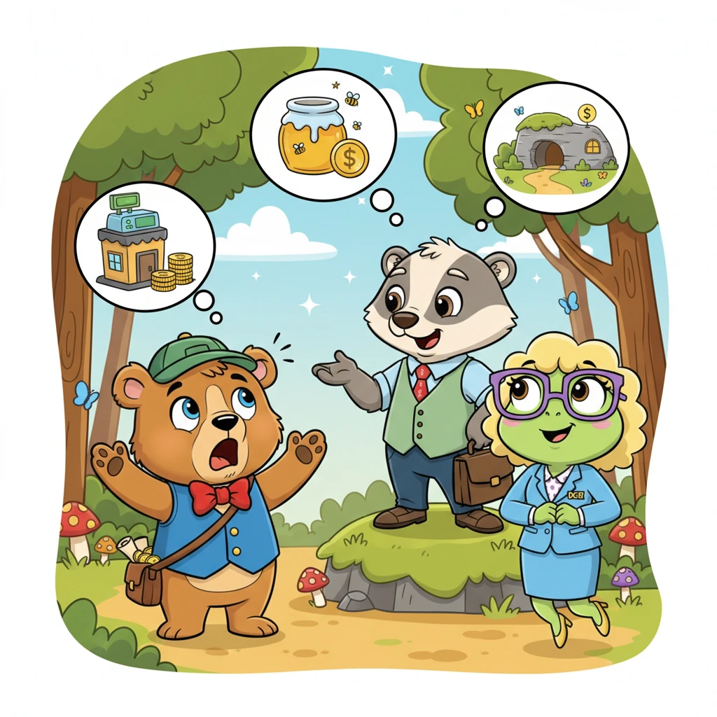 "In the tax world, there are three main types of contributions," Oscar explained, "taxes, special contributions, and fees." Barney's eyes widened, "Three types? Wow!" Oscar nodded, "Yes! For example, when you sell your delicious honey, that involves a tax called ITBIS. And when your business earns money, there's the ISR, or Income Tax." He continued, "Fees are paid for specific services, and special contributions happen when the forest makes improvements that increase the value of your cozy cave." Barney's jaw dropped in surprise, realizing it was more complex than he thought.