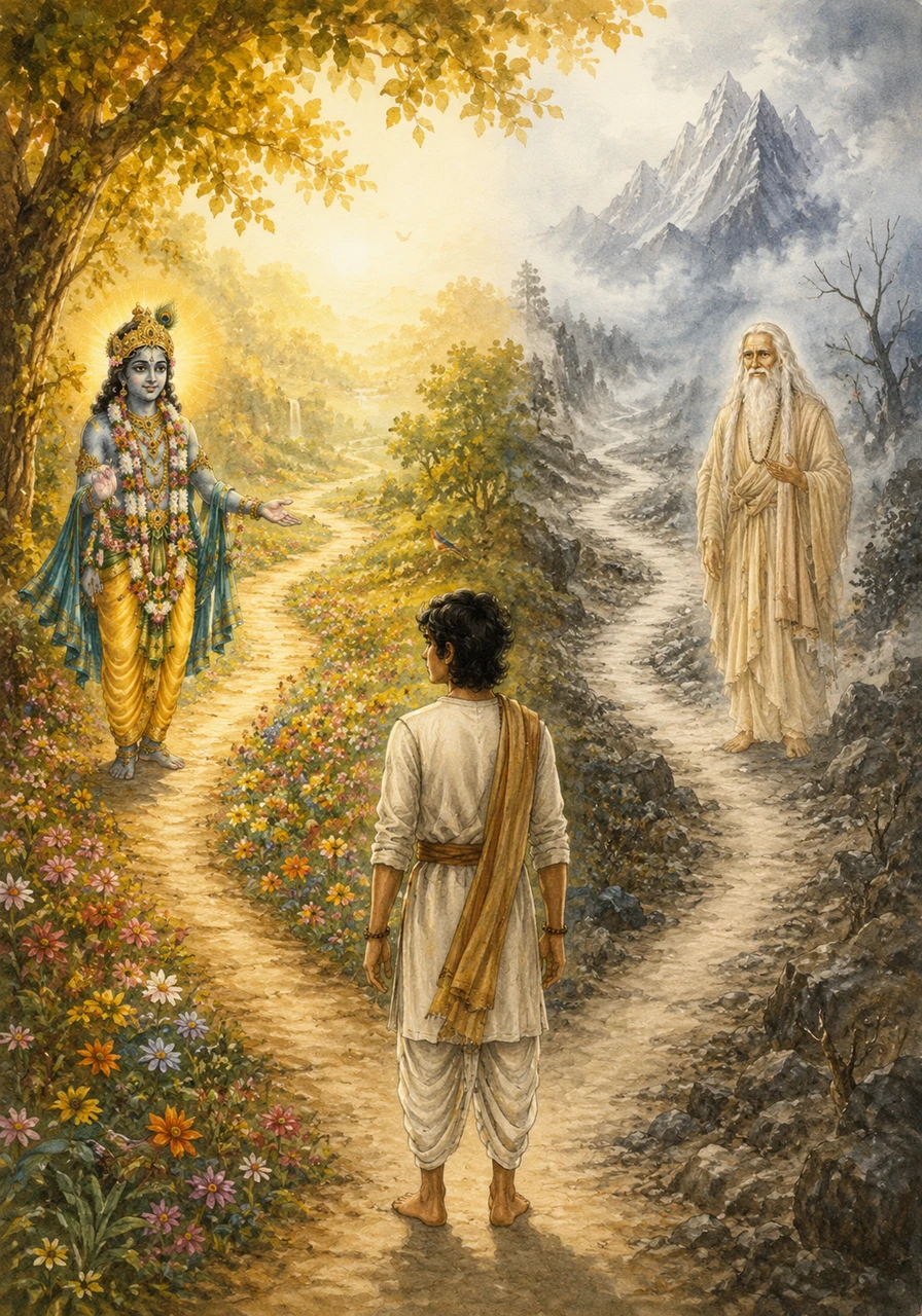 Kavi stands at the edge of a golden forest, gazing at two winding paths that disappear into the horizon. One path is filled with vibrant flowers and song, while the other leads toward the silent, misty peaks of the unknown.