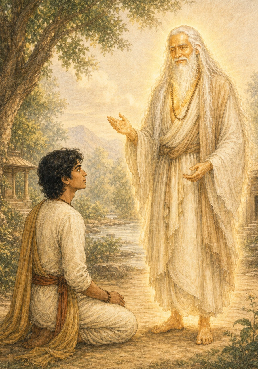 A wise sage appears, glowing with an inner light, and tells Kavi about the beauty of the personal form of the Divine. He explains that those who fix their minds on this radiant presence with deep faith are the most perfect of seekers.