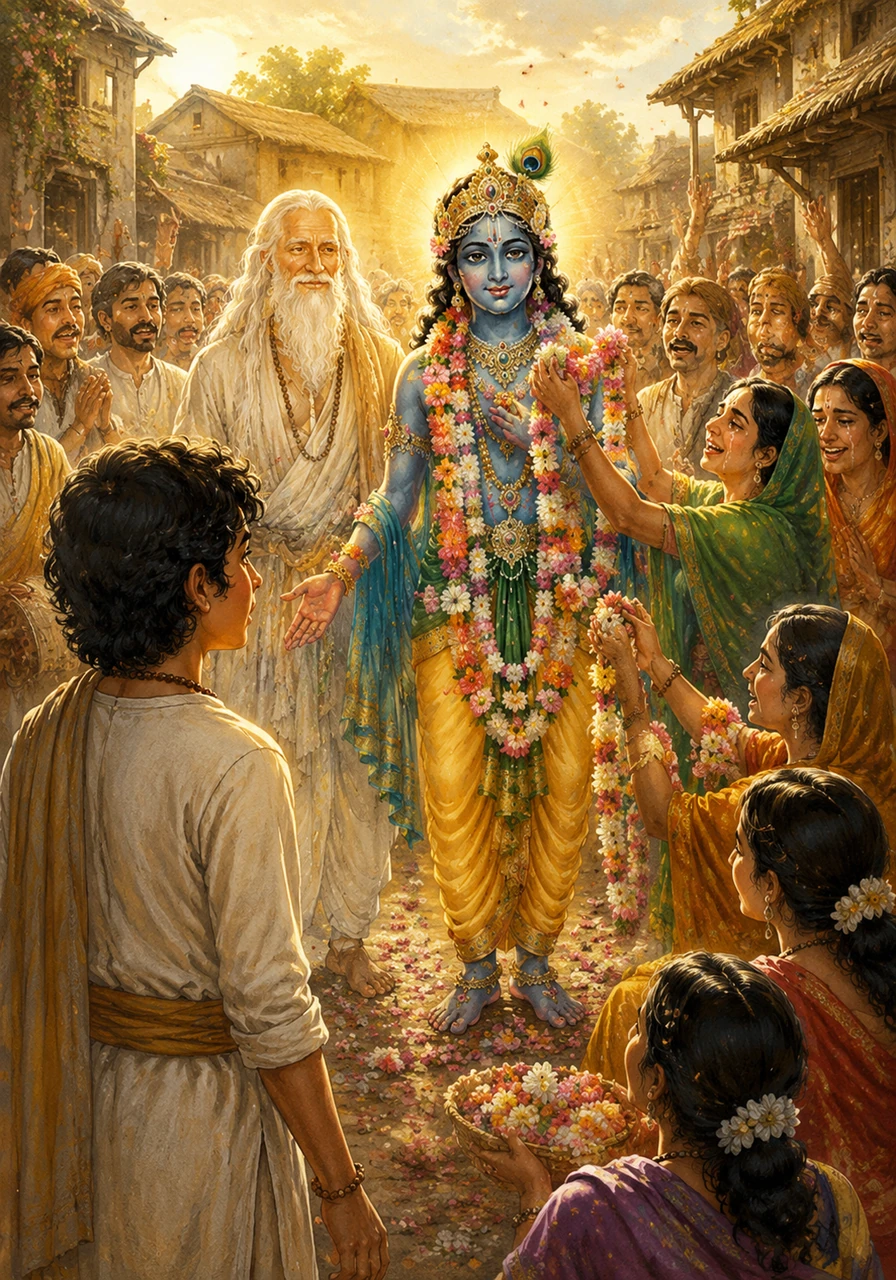 In a nearby village, Kavi watches people offering garlands and singing hymns with tears of joy in their eyes. Their devotion is like a warm sun, making the world around them bright and full of life.