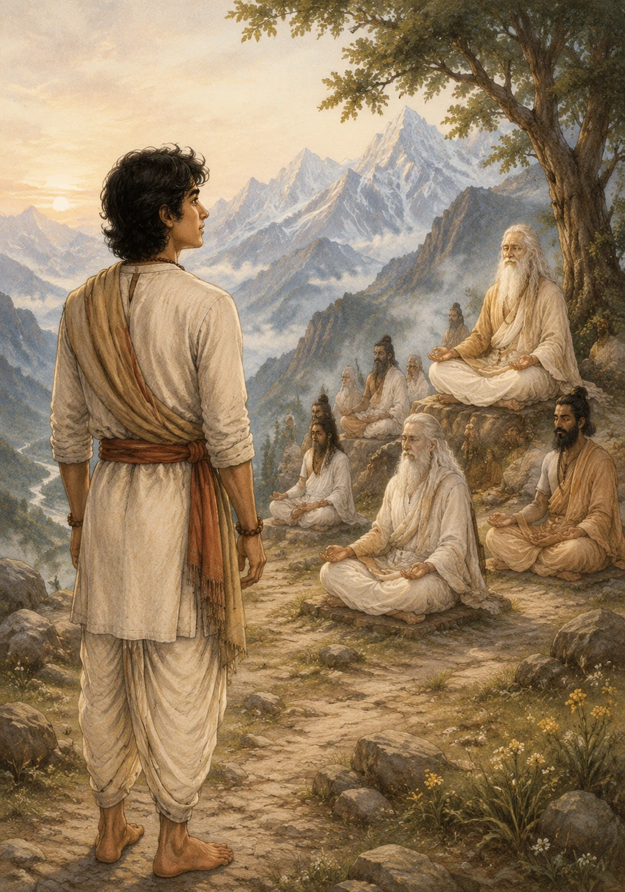 Kavi then looks toward the silent mountains where others seek the unmanifested, the formless truth that the eyes cannot see. These seekers control their senses and treat everyone with equal kindness, searching for the all-pervading spirit.