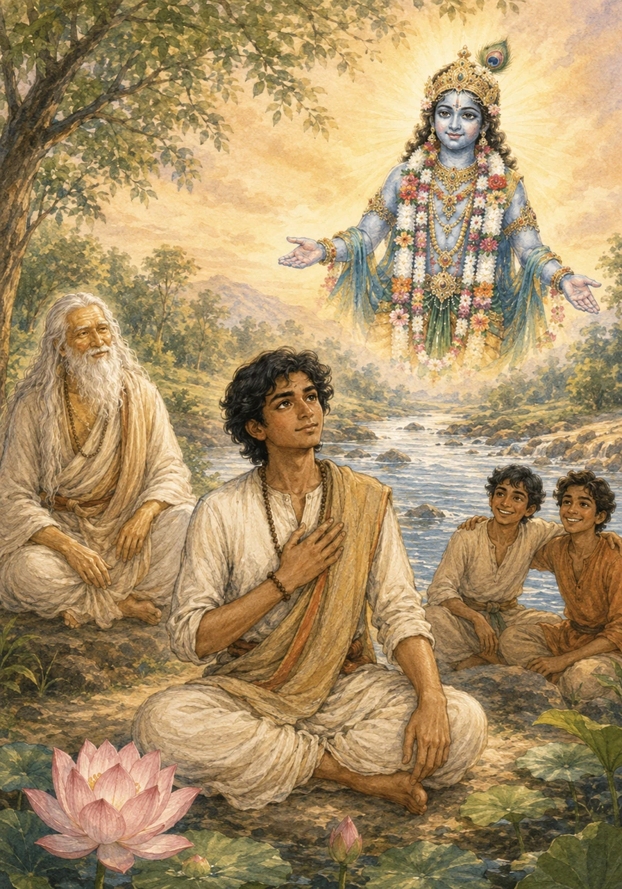 Kavi begins to see the Divine in everything—in the blooming lotus, the flowing river, and the smiles of his friends. By focusing his mind on a personal form of love, his heart feels lighter and his purpose clearer.
