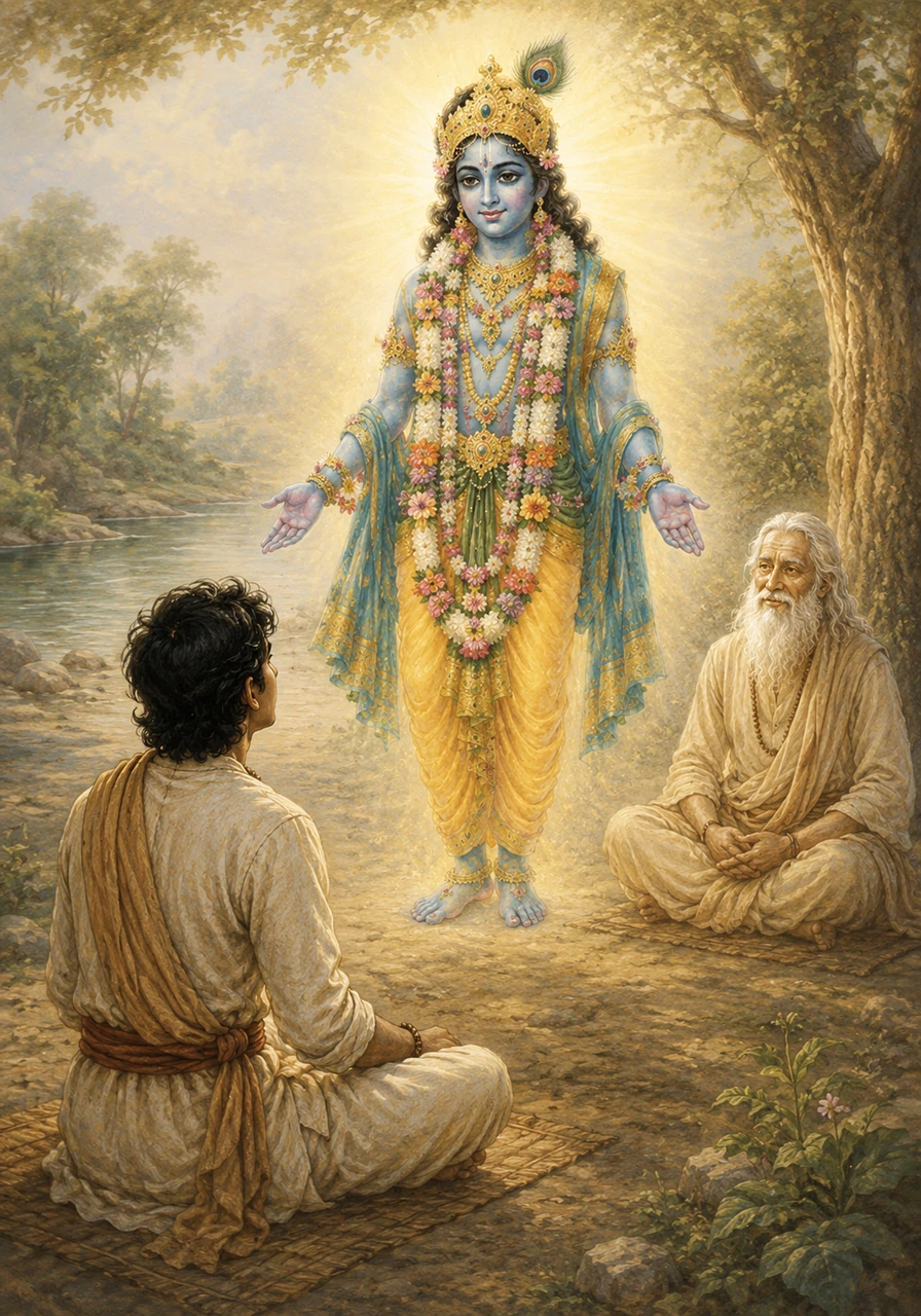 Sitting in quiet meditation, Kavi envisions a beautiful, compassionate figure standing before him, radiating peace. This personal connection fills his soul with a transcendental faith that no storm can shake.
