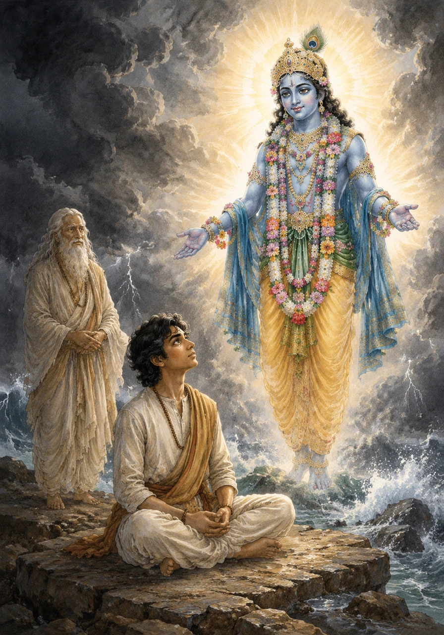 When the dark clouds of life's challenges gather like a vast, turbulent ocean, Kavi does not feel afraid. He remains steady in his devotion, meditating on the Divine and giving up all his worries to a higher power.