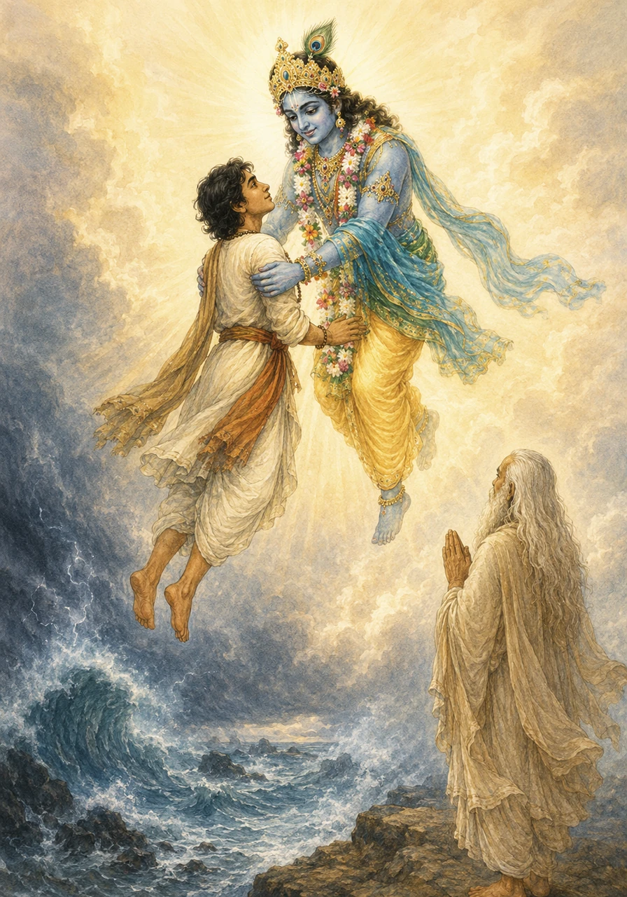 The Divine reaches out from the light, lifting Kavi easily above the crashing waves of the world. With a heart full of love, Kavi is delivered to a place of eternal peace, finding his home in the arms of the Infinite.