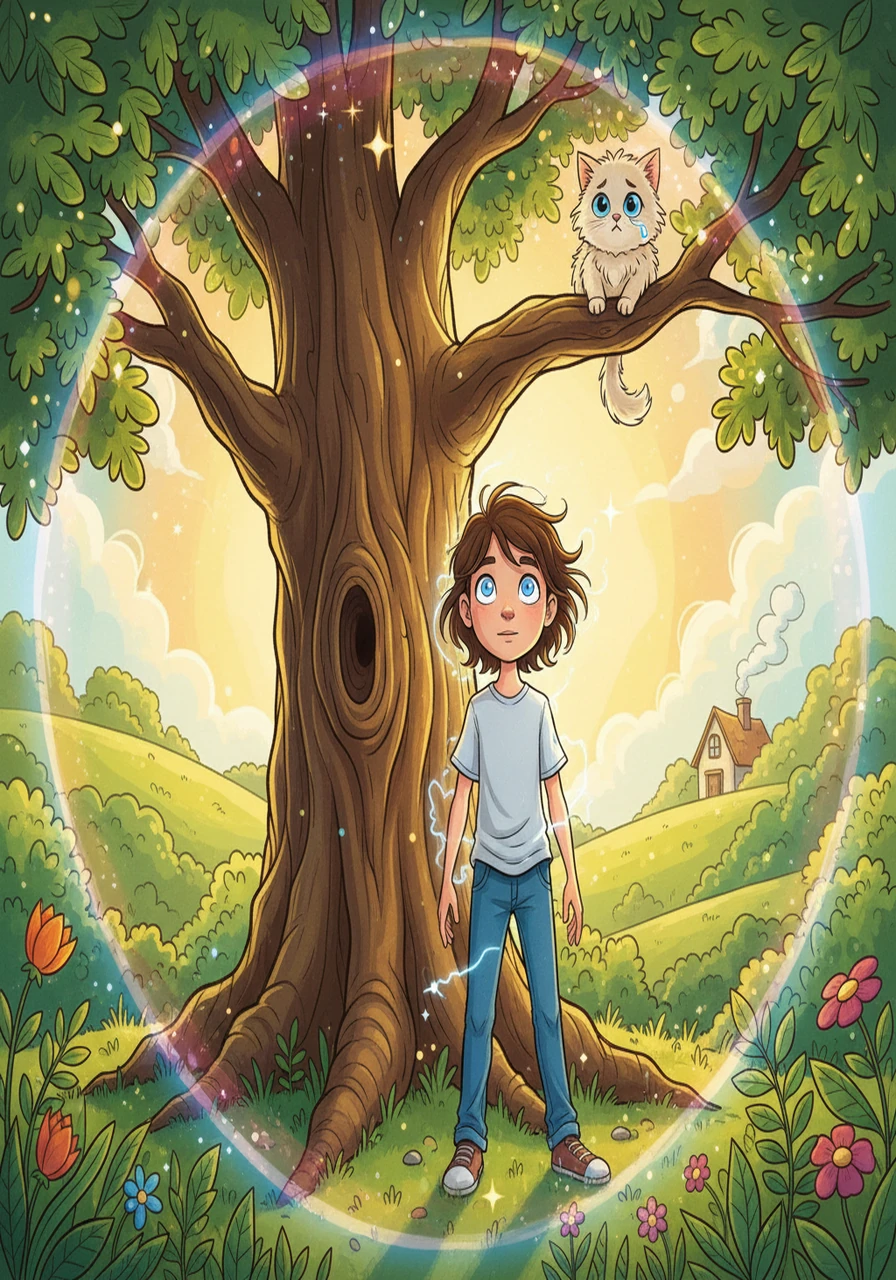 Suddenly, a strange tingle spread through Alex's body. The world seemed sharper, colors more vivid, and a feeling of immense energy surged within them. Looking around, Alex noticed a small, fluffy kitten stuck high up in a tree, meowing plaintively.