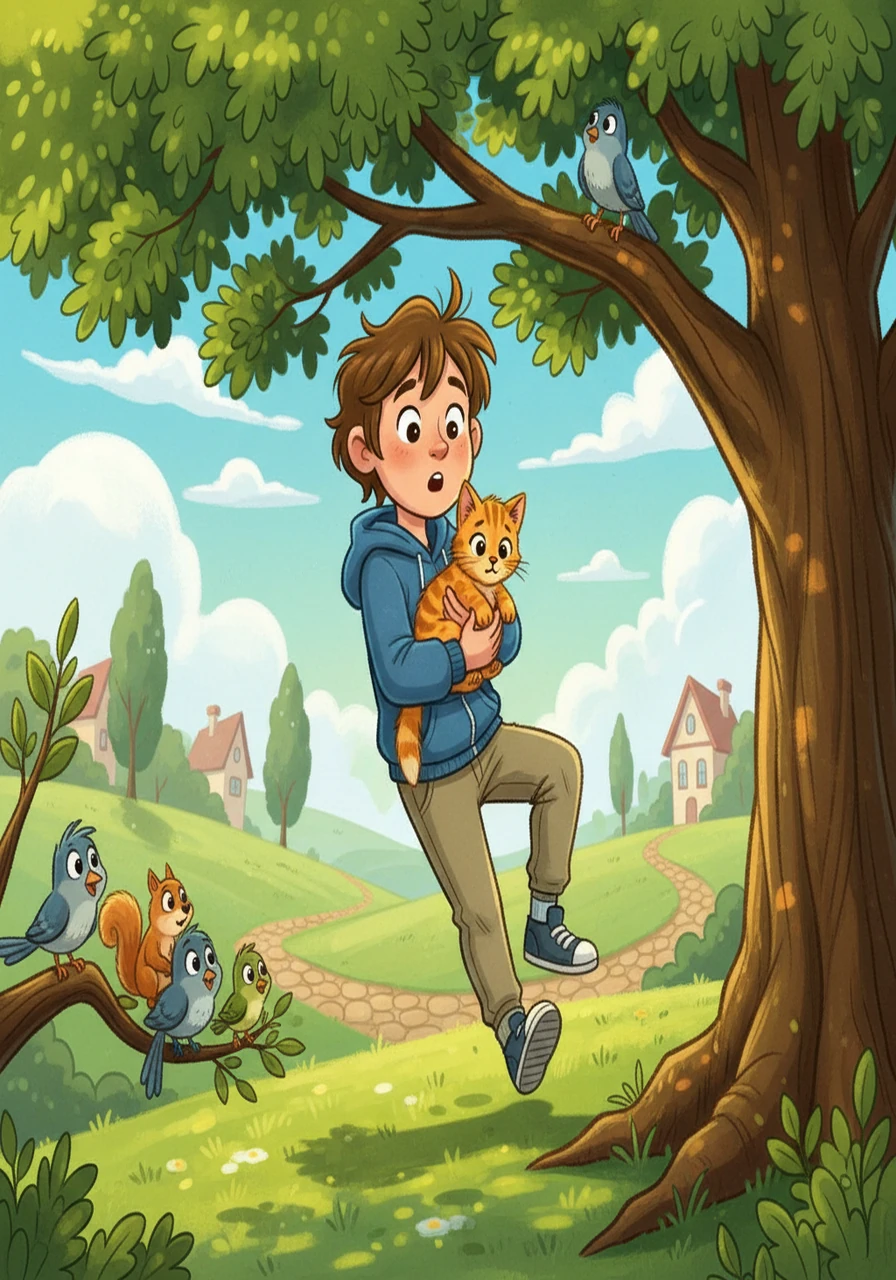 Without thinking, Alex leaped towards the tree with incredible speed. With a burst of unexpected strength, they easily climbed the tree and gently retrieved the frightened kitten. Back on the ground, Alex realized they were faster and stronger than ever before!