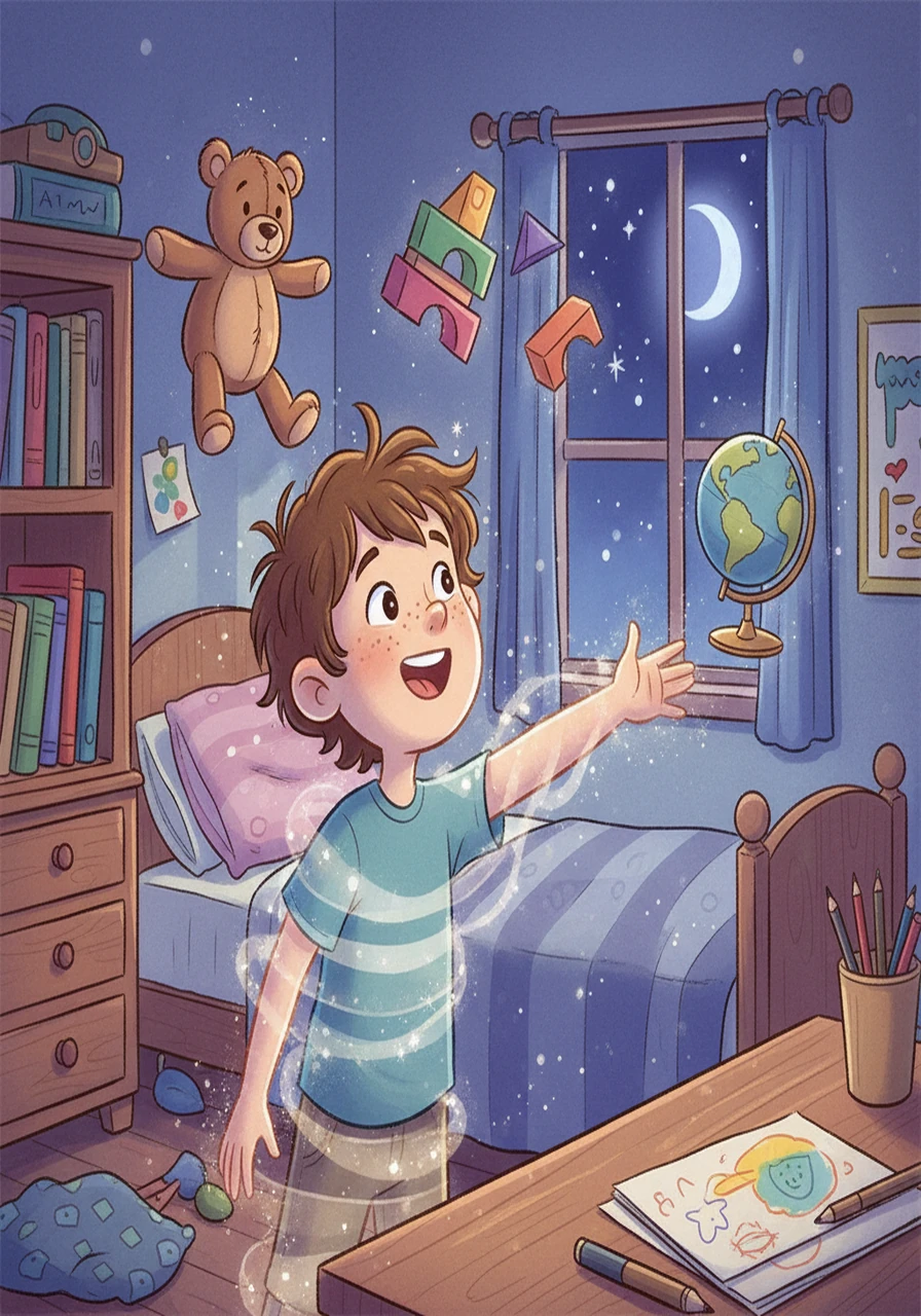 Alex experimented in secret, discovering they could also become partially invisible. Practicing in their room, they learned to control their new powers, giggling as they made objects float and vanished from view, mastering the art of invisibility.