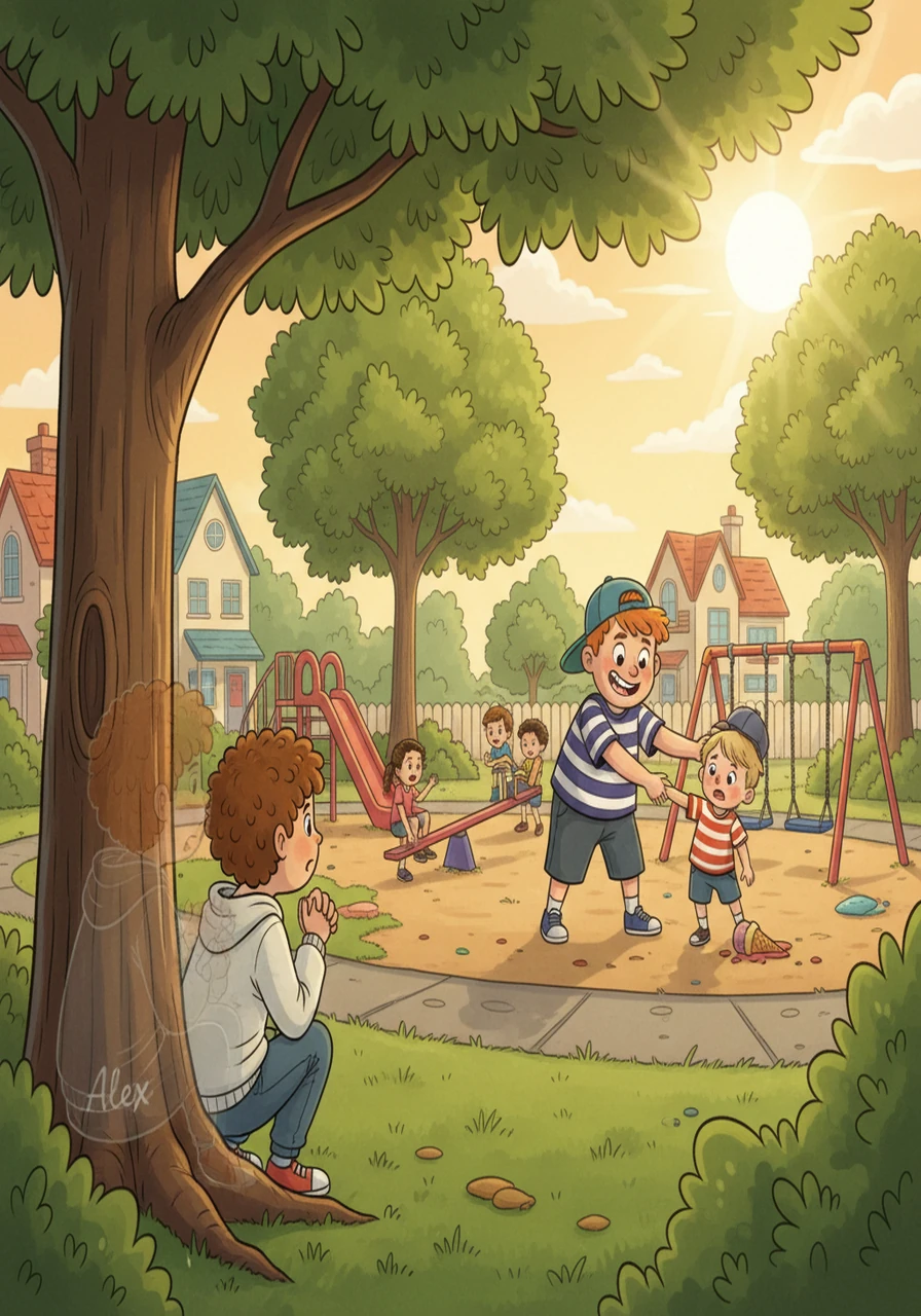 Word spread of a mischievous bully terrorizing the neighborhood park. Alex knew they had to help, using their invisibility to watch the bully, and planning how to stop him without revealing their powers.