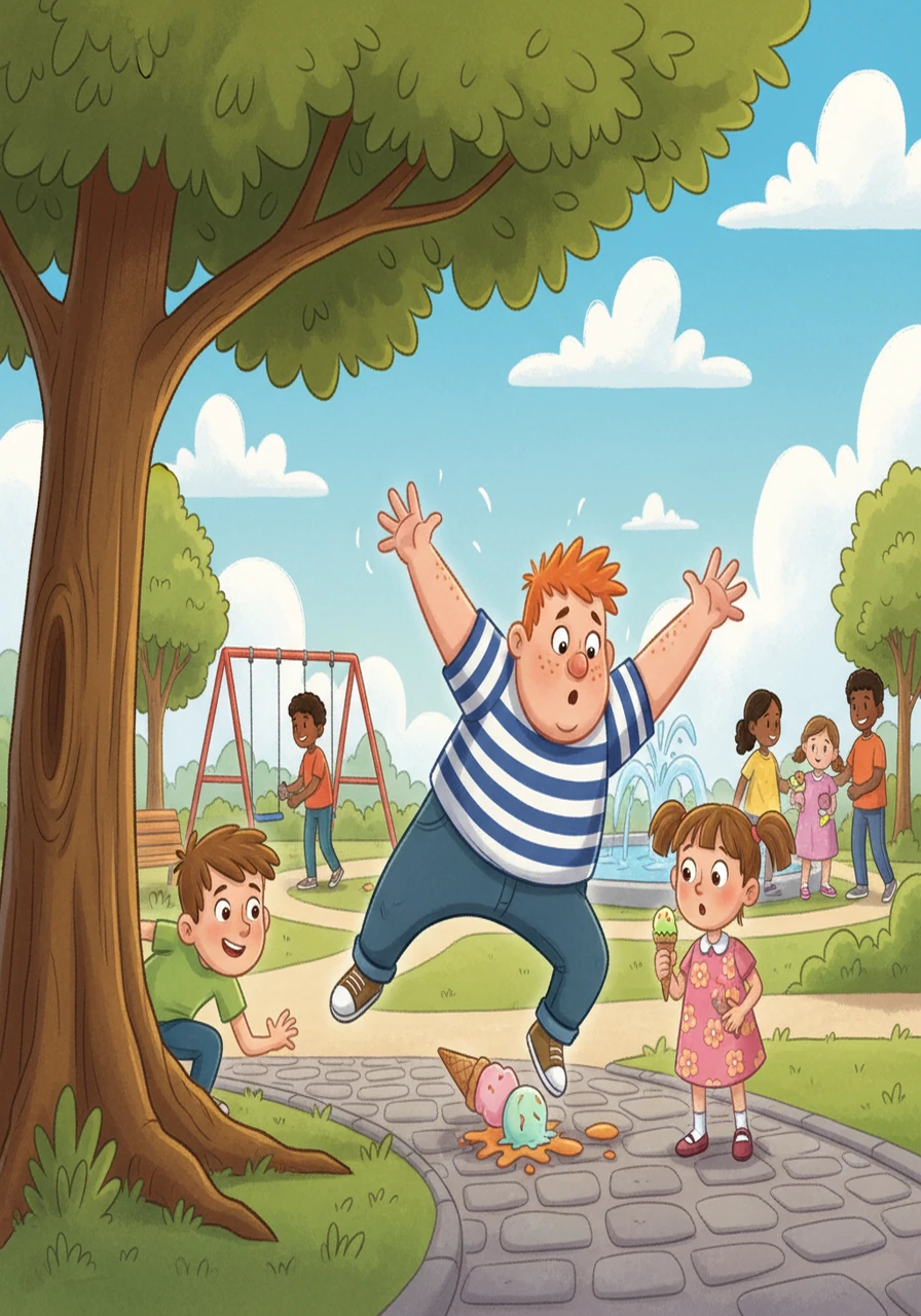 As the bully prepared to swipe a younger kid's ice cream, Alex, invisible, gently nudged the bully, causing him to drop the ice cream himself. The bully, confused, looked around, unable to find who caused the mishap, while Alex hid and smiled.