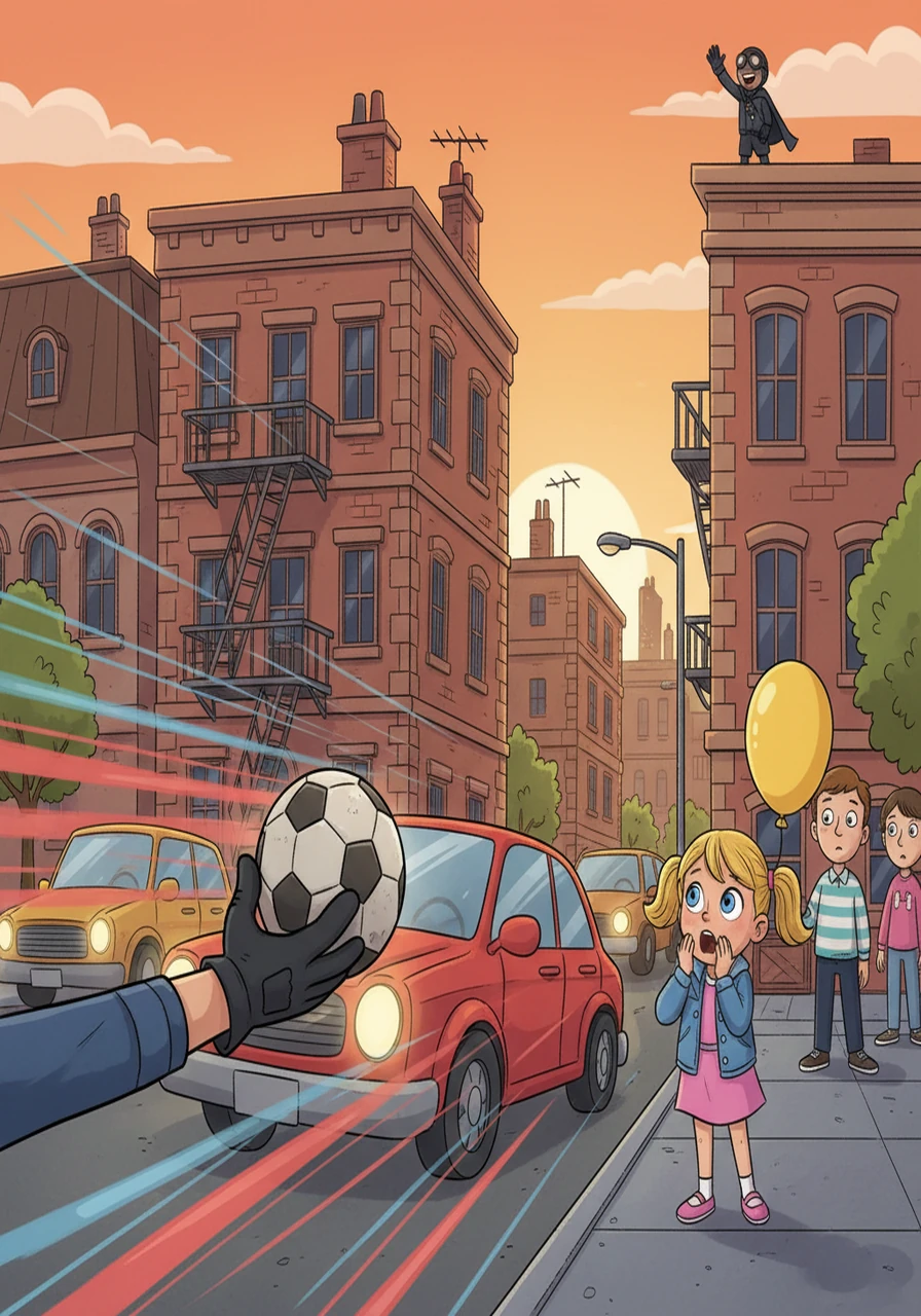 Alex used their speed to rescue a ball from a busy street before a car could hit it, saving a little girl's favorite toy. The little girl looked around, amazed, not knowing who the savior was. Alex, unseen, waved from a nearby rooftop.