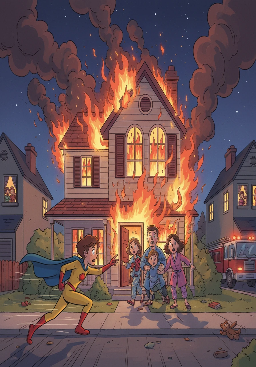 One evening, a fire broke out in a nearby house! Fearless, Alex raced to the scene, their enhanced speed allowing them to navigate the chaos and quickly alert the family to escape.