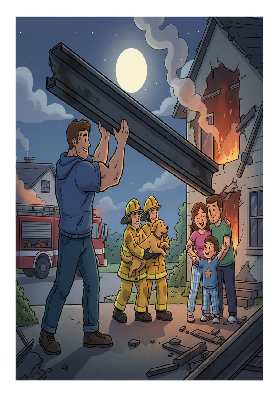 Alex, using their super strength, helped to lift a heavy beam that blocked the exit, allowing firefighters to save the family dog trapped inside. Alex watched, unseen, as the family embraced in relief, proud of their secret heroism.