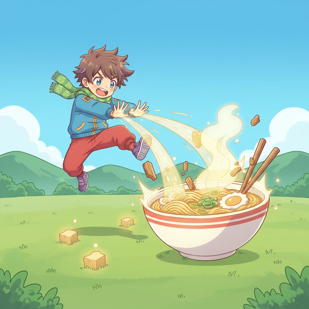 Zenjiro Spark, a young ninja with bright, spiky hair and an even brighter spirit, stood in a sun-drenched training field. He enthusiastically attempted his signature "Sparkle-Noodle Jutsu," but instead of a mighty blast, a training dummy transformed into a wobbly, steaming bowl of ramen, much to his exasperated sigh. The air shimmered with an accidental, golden noodle glow.