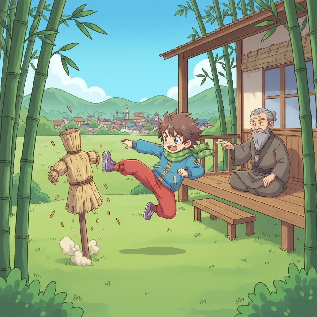 His sensei, a stoic but kind ninja with a long, braided beard, observed with a tiny, hidden smile. "Zenjiro," he stated, "the village needs a serious protector for the upcoming Festival of Laughter. A mysterious shadow threatens to dim our joy." He gestured towards the vibrant village in the distance, a place usually bustling with merriment.