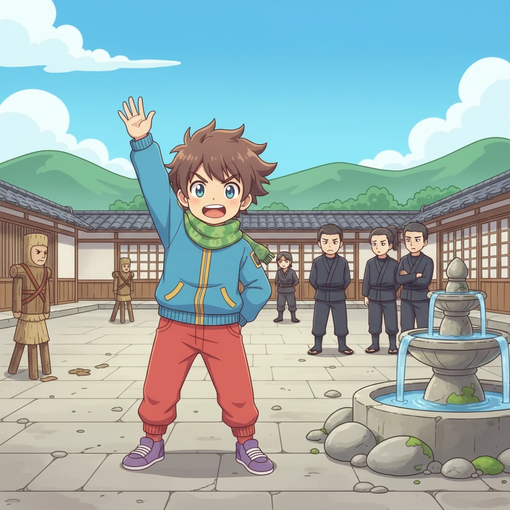 Zenjiro, eager to prove himself, puffed out his chest and volunteered immediately. However, the other ninjas remembered past incidents: the time he turned the Hokage's hat into a giant, sugary cupcake, or when the village fountain briefly spouted sparkling juice. Their doubtful glances made his enthusiasm waver.