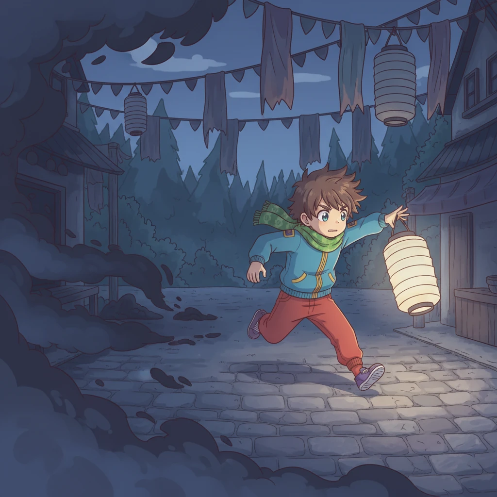 As dusk fell, a creeping, inky shadow began to spread from the forest, slowly enveloping the village's festive banners and lanterns. The vibrant colors dulled, and the cheerful sounds of preparation for the Festival of Laughter faded into an eerie silence. A chill began to permeate the air, making everyone shiver.