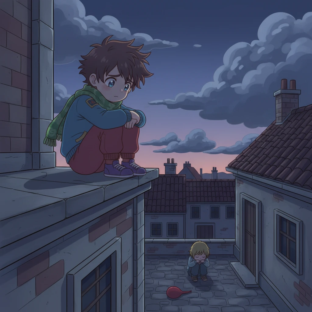 Feeling utterly dejected, Zenjiro sat alone on a quiet rooftop, watching the encroaching gloom. Suddenly, he heard a small sob. A child below was crying, their colorful balloon having deflated and popped, seemingly drained of its cheer by the shadow's cold touch. This sight ignited a new spark within Zenjiro.