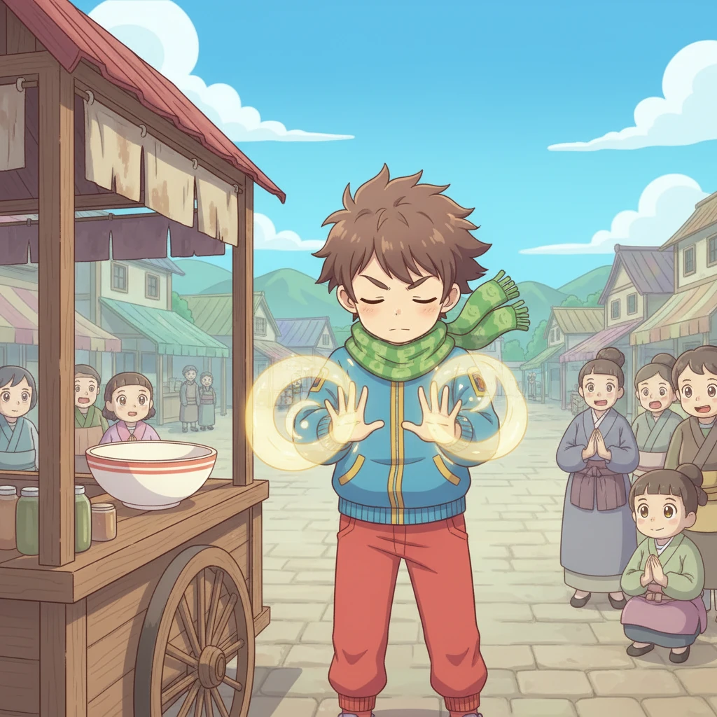 A determined glint appeared in Zenjiro's eyes. He closed them, focusing not on power or seriousness, but on the child's lost joy and the village's fading laughter. He channeled his unique chakra, envisioning not just noodles, but warmth, happiness, and vibrant color. This time, his Sparkle-Noodle Jutsu felt different, more connected.