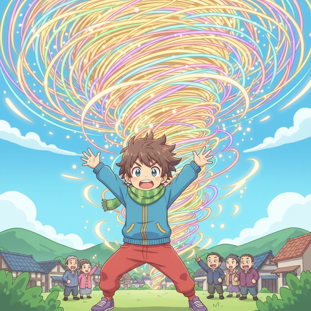 With a mighty shout, Zenjiro unleashed his ultimate technique: the "Rainbow Ramen Barrage!" A chaotic, dazzling explosion of colorful, glowing ramen noodles erupted, spiraling through the air like a vibrant vortex. The villagers gasped, unsure if this was a disaster or a miracle, as the noodles swirled with an energy they'd never seen.
