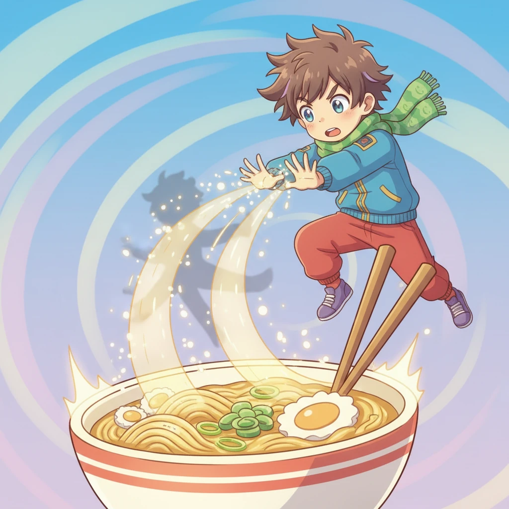Miraculously, the swirling, shimmering noodles coalesced, not into a mess, but into a colossal, aromatic ramen bowl. This magnificent, glowing bowl encircled the menacing shadow, trapping it completely. Slowly, the shadow began to dissolve, transforming into harmless, twinkling sparkles that drifted away with soft, giggling sounds.