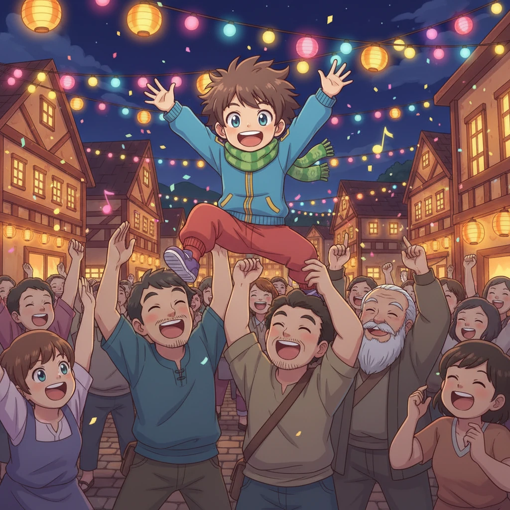 The festival lights blazed brighter than ever, the village burst into joyous laughter and cheers, and the music swelled. Zenjiro, beaming, was lifted onto the shoulders of happy villagers, a true hero. His sensei watched, a wide, proud smile finally gracing his lips, as the Festival of Laughter roared back to life.