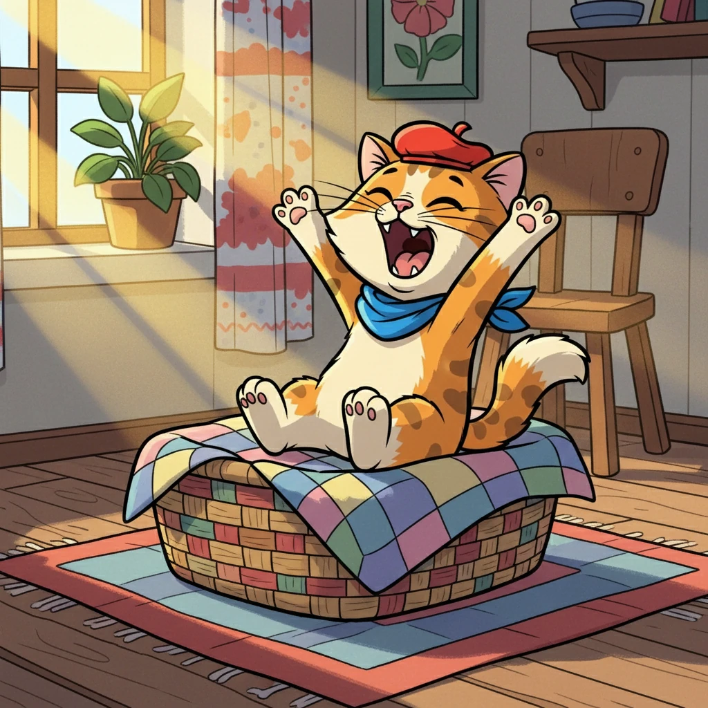 Мурзик, пушистый котенок с большими зелеными глазами, проснулся в своей уютной корзинке. Солнечные лучи играли на его мягкой шерстке, приглашая к новым открытиям. Он потянулся, зевнул и спрыгнул на пол, готовый к веселому дню.