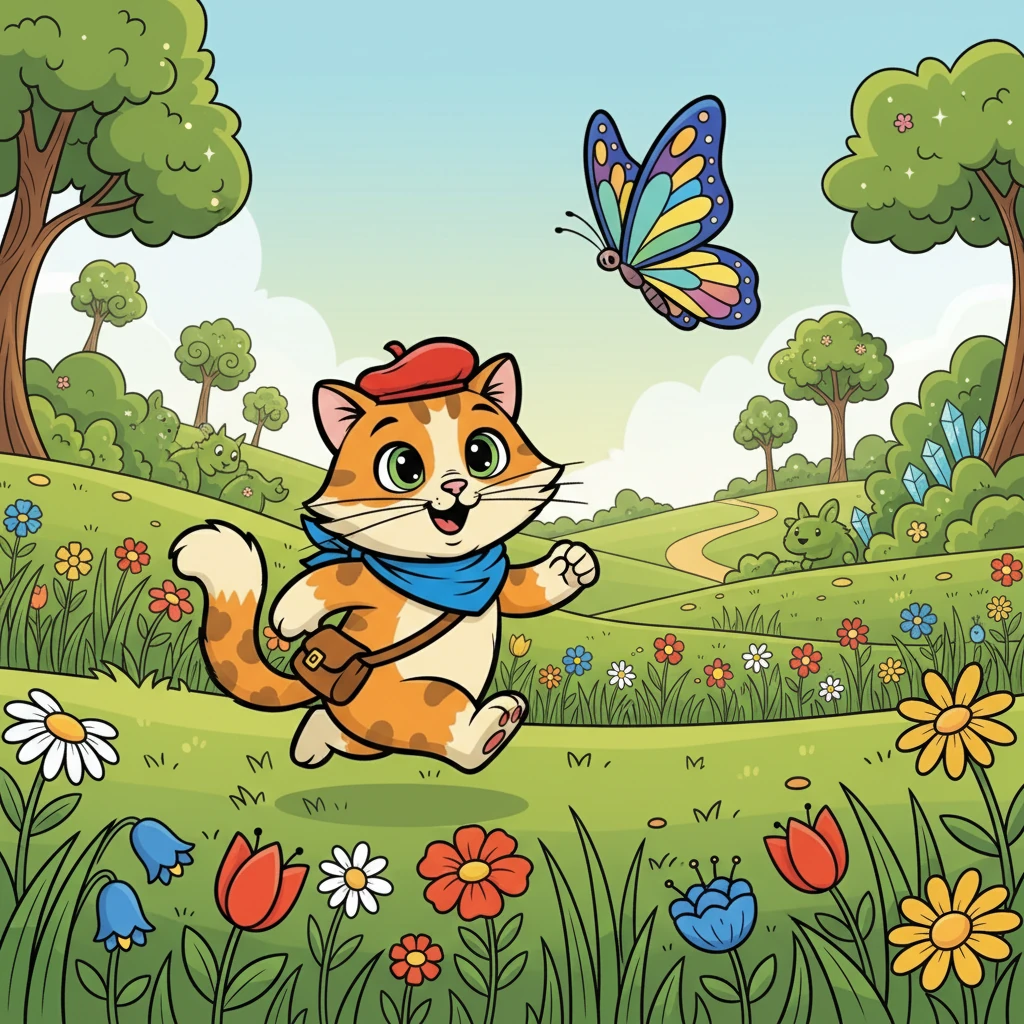 Выйдя из дома, Мурзик увидел бабочку, порхающую над цветущим лугом. Он тут же решил поиграть с ней, начав погоню, полную радости и веселья. Бабочка вела его все дальше и дальше, вглубь волшебного сада.