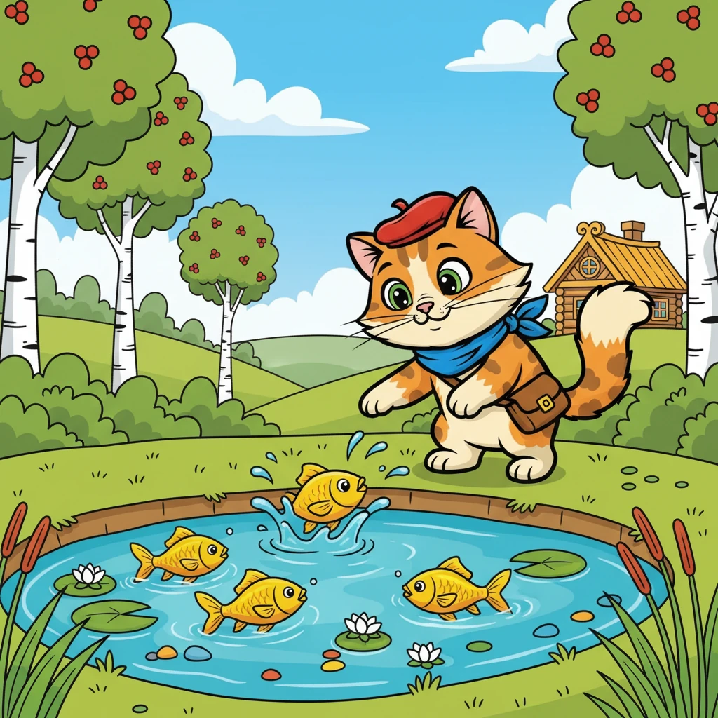 Шарик показал Мурзику чудесный пруд с золотыми рыбками. Котенок зачарованно смотрел на их плавное движение в воде. Он попытался поймать одну, но рыбки были слишком быстрыми.