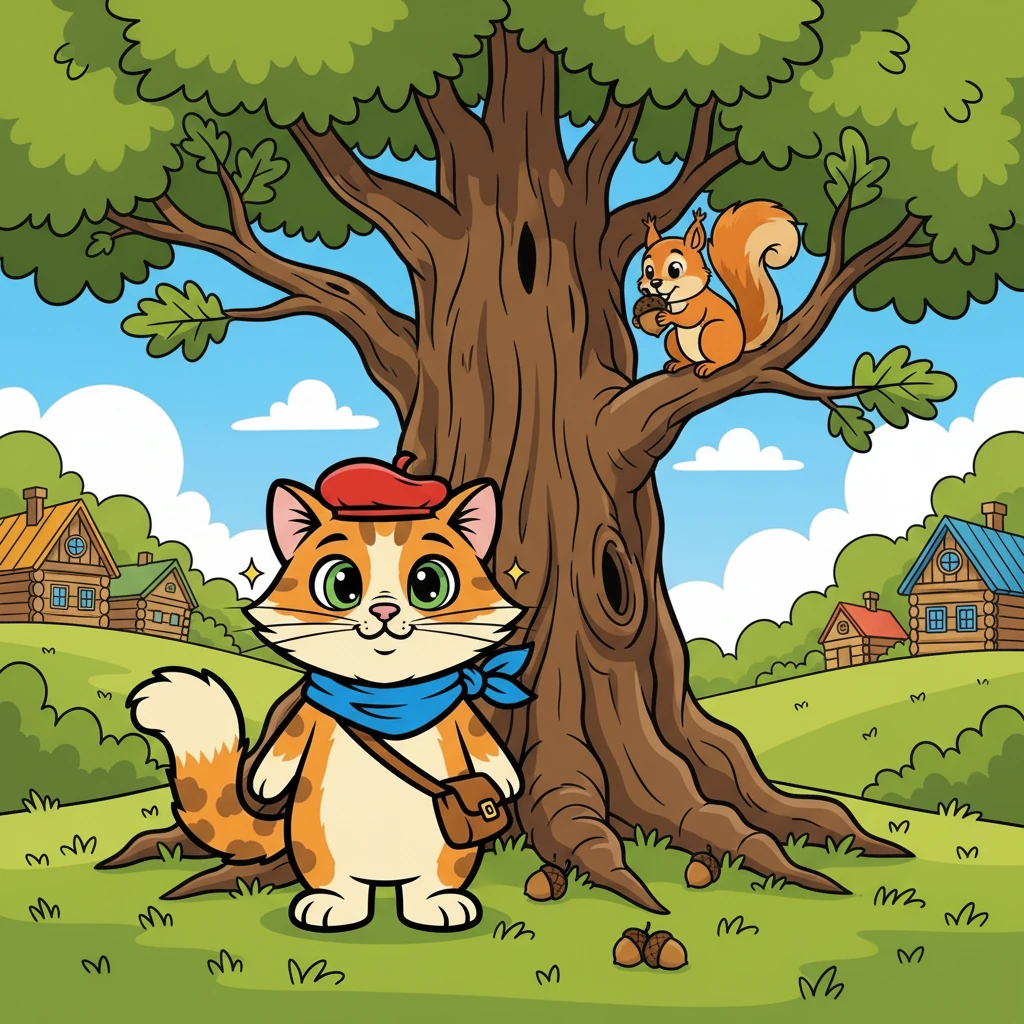 Устав от игр, Мурзик присел отдохнуть под большим дубом. Он увидел, как белка собирает орехи. Котенок наблюдал за ней с восхищением, мечтая о вкусном угощении.