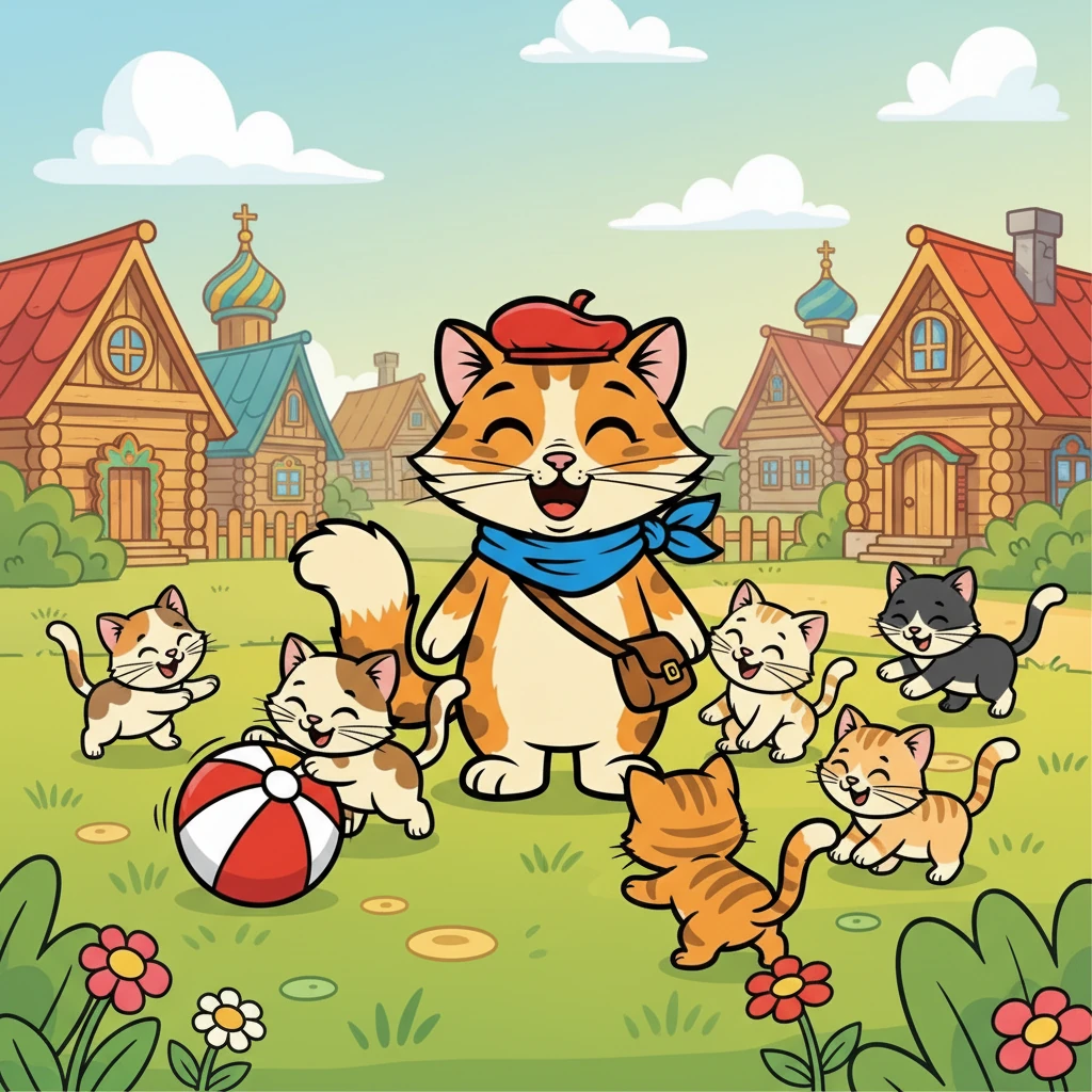 После отдыха Мурзик наткнулся на группу маленьких котят, играющих в мяч. Он присоединился к ним, и они вместе весело провели время, смеясь и резвясь.