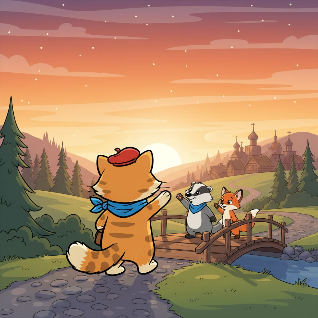 Когда солнце начало садиться, Мурзик почувствовал усталость. Он попрощался со своими новыми друзьями и решил возвращаться домой, вспоминая все свои приключения.