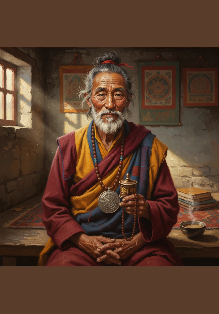 Tenzin es un anciano de mirada profunda y manos que han girado miles de veces las ruedas de oración en su pequeña aldea. Ha vivido una vida sencilla, cultivando la compasión y el desapego, preparándose mentalmente para el gran viaje que se avecina. Rodeado de banderas de plegaria que ondean al viento, Tenzin encuentra paz en la idea de que su conciencia pronto cambiará de forma.