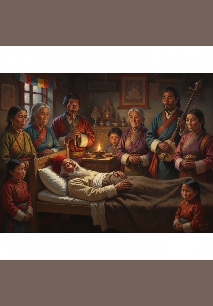 Cuando el aliento de Tenzin se vuelve tenue y su corazón late con lentitud, su familia se reúne en un silencio lleno de respeto y amor. Un monje del monasterio cercano se sienta a su cabecera, recitando con voz rítmica versos del Bardo Thödol para guiar su mente. El ambiente está cargado de incienso, creando un espacio sagrado donde la tristeza se mezcla con la esperanza de un buen tránsito.