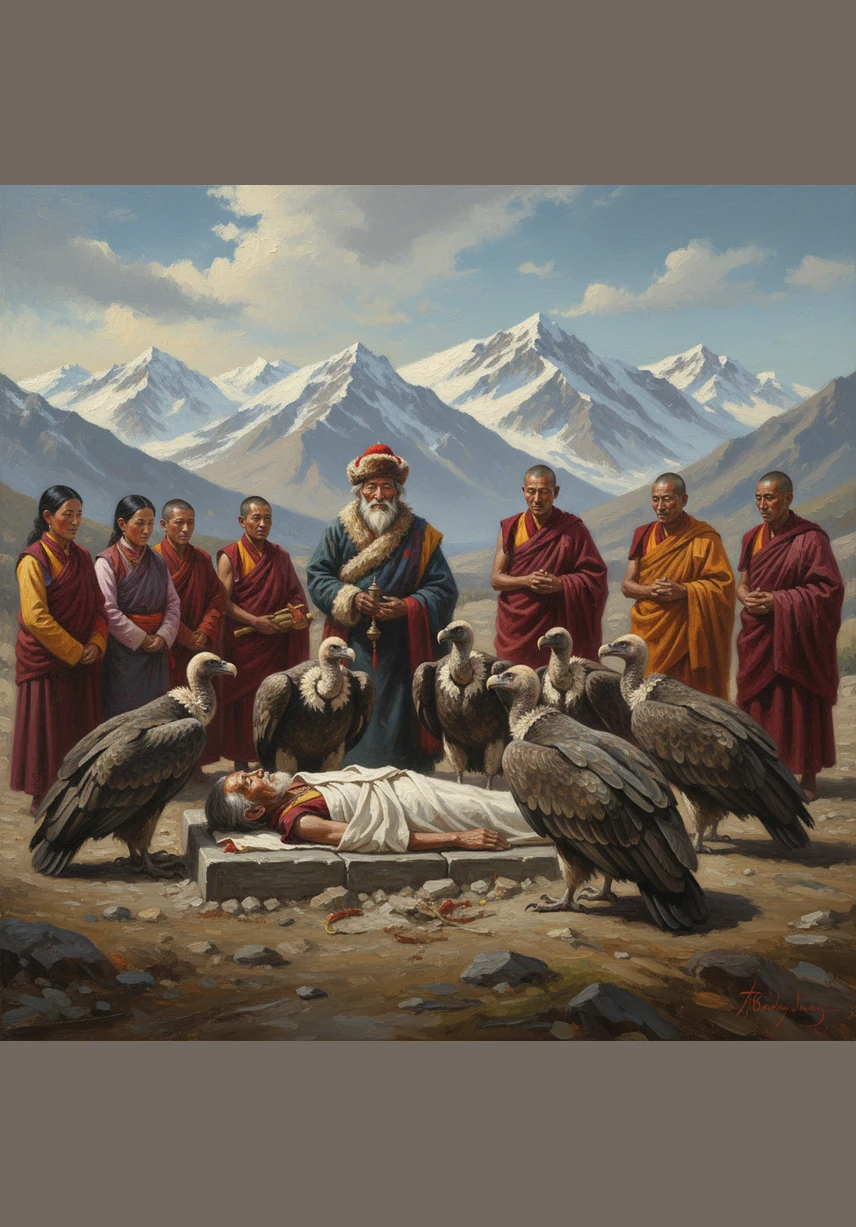 Mientras el espíritu de Tenzin viaja, su familia organiza el ritual del entierro celestial en las laderas más altas y puras de la montaña. En esta ceremonia ancestral, el cuerpo físico se ofrece a los buitres, considerados mensajeros sagrados que llevan la materia de vuelta al ciclo natural. Para los tibetanos, este es un acto final de generosidad suprema, entregando lo que queda de uno mismo para sustentar a otros seres vivos.