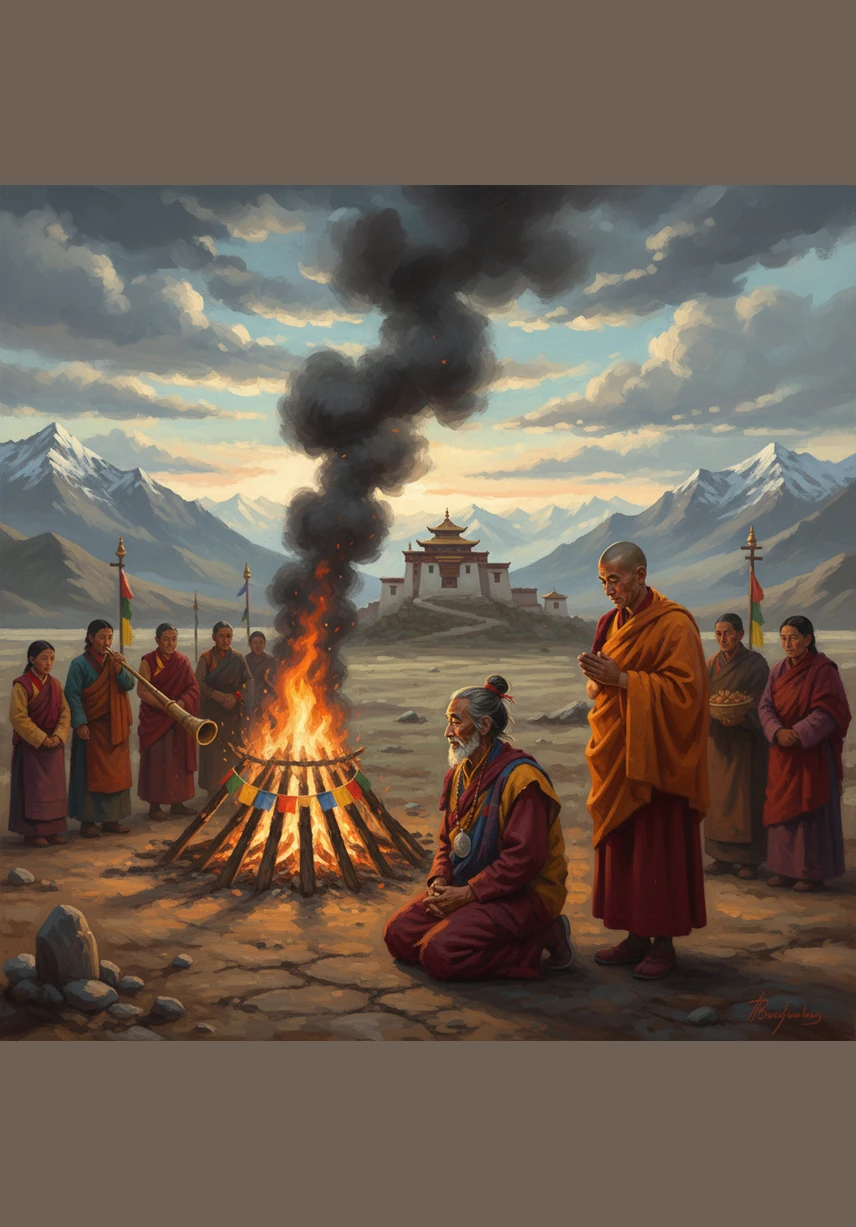 Los buitres ascienden hacia el sol, desapareciendo entre las nubes mientras la comunidad observa con una profunda sensación de impermanencia. No hay tumbas de piedra ni monumentos, pues se entiende que el envase material ya no tiene propósito una vez que la chispa de la vida ha partido. El paisaje vasto y solitario del Tíbet se convierte en el escenario de una conexión total entre el hombre y el cosmos.