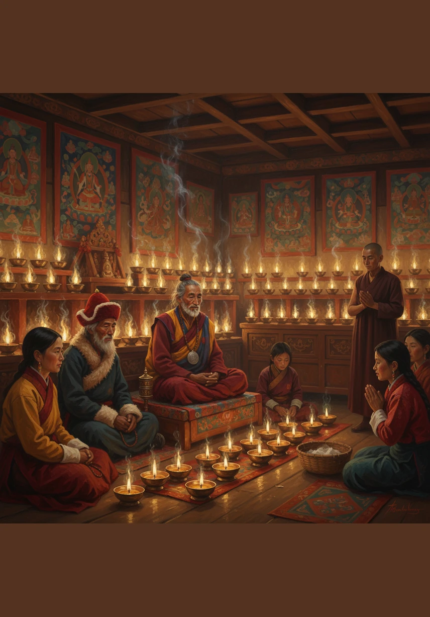 En el hogar de Tenzin, se encienden cientos de lámparas de mantequilla que iluminan la penumbra con un brillo cálido y constante. Los vecinos y amigos se unen en oraciones comunitarias, reflexionando sobre cómo la muerte de un ser querido es una lección viviente sobre la brevedad de la existencia. El duelo se vive con una compasión activa, deseando que el mérito de sus plegarias ayude a Tenzin en su nueva etapa.