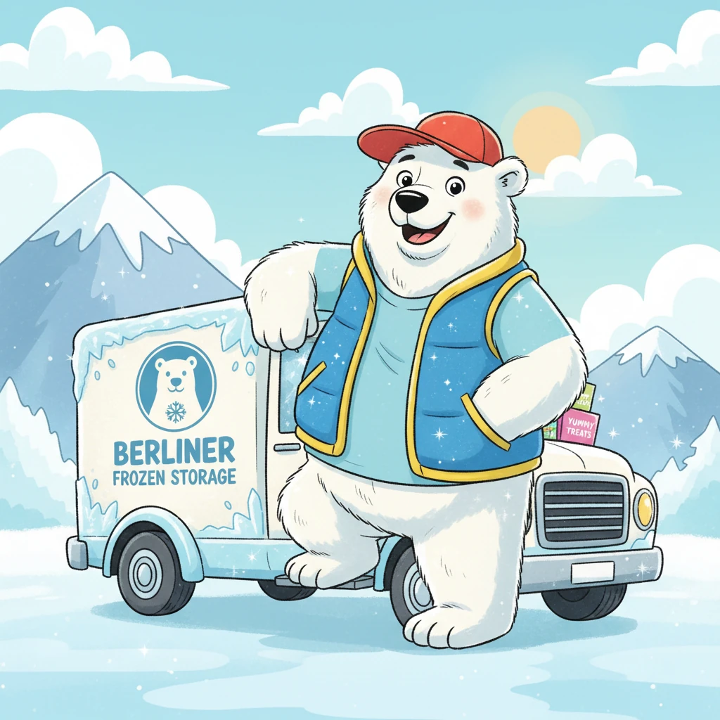 Meet Freezy Bear, a big, fluffy polar bear with a heart of gold and a very important job! He works for Berliner Frozen Storage, making sure yummy frozen treats and foods stay perfectly chilly on their long journeys. He stands proudly beside a sparkling, frosty truck, ready for any adventure.