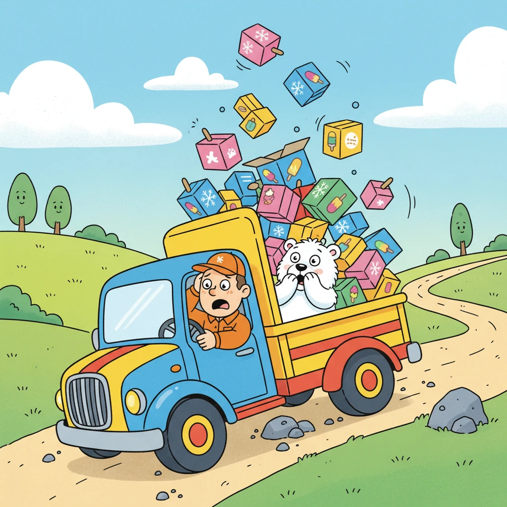 Oh no! A big, colorful truck carrying precious frozen cargo suddenly hits a bumpy patch on the road. Inside, all the boxes wobble and tumble, making the load shift and become quite a mess! The truck driver looks very worried, scratching his head and wondering what to do.