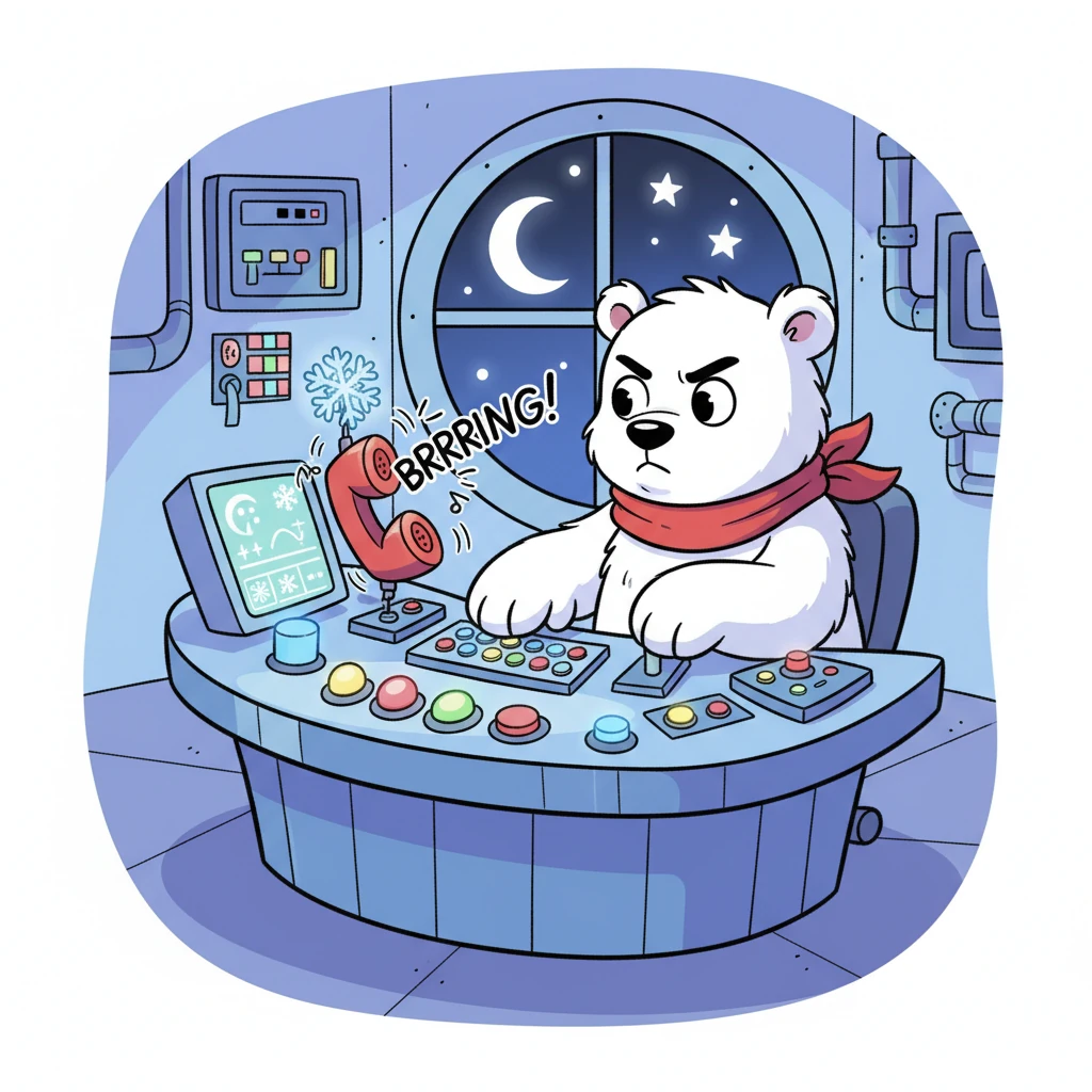 Just then, Freezy Bear's special emergency phone rings with a cheerful 'BRRRRING!' It's an urgent call for help! Freezy Bear, sitting at his whimsical control desk filled with blinking lights, puts on his determined face. He knows exactly what to do to save the day, even if it's late at night.